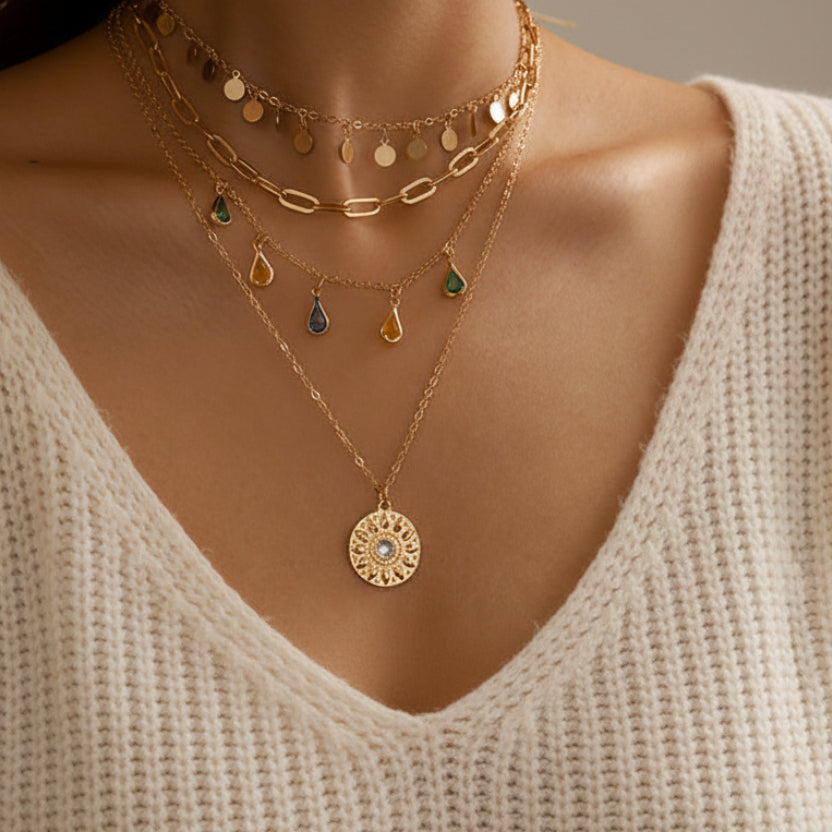 Statement Y-Necklace with Fringe & Crystalline Drops | Alloy Multi-Layer Dimensional Collar