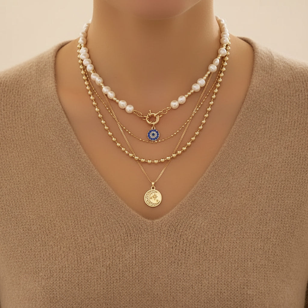 Bold layered pearl necklace with rhinestone pendants. Multi-strand collar design. Perfect for special occasions & statement style.