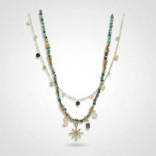 Boho sunflower necklace with layered beaded design & gold pendant. Vintage style, lightweight. Perfect for festival style & bohemian elegance.