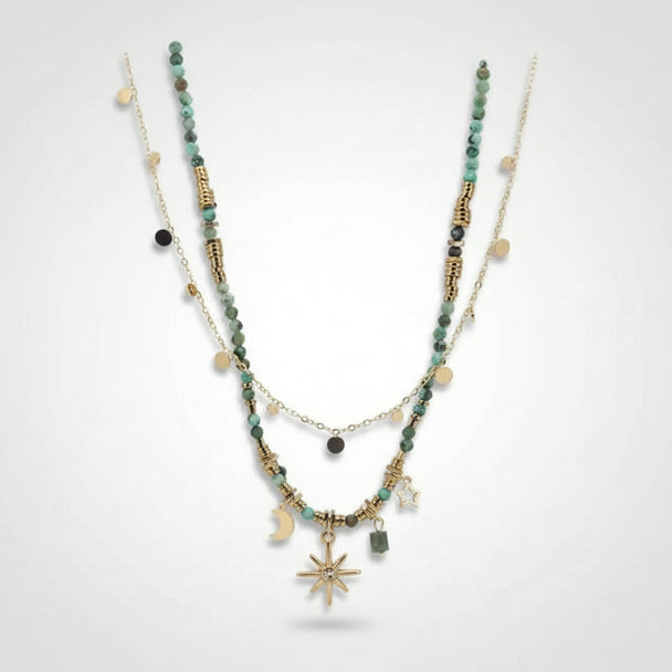 Boho sunflower necklace with layered beaded design & gold pendant. Vintage style, lightweight. Perfect for festival style & bohemian elegance.