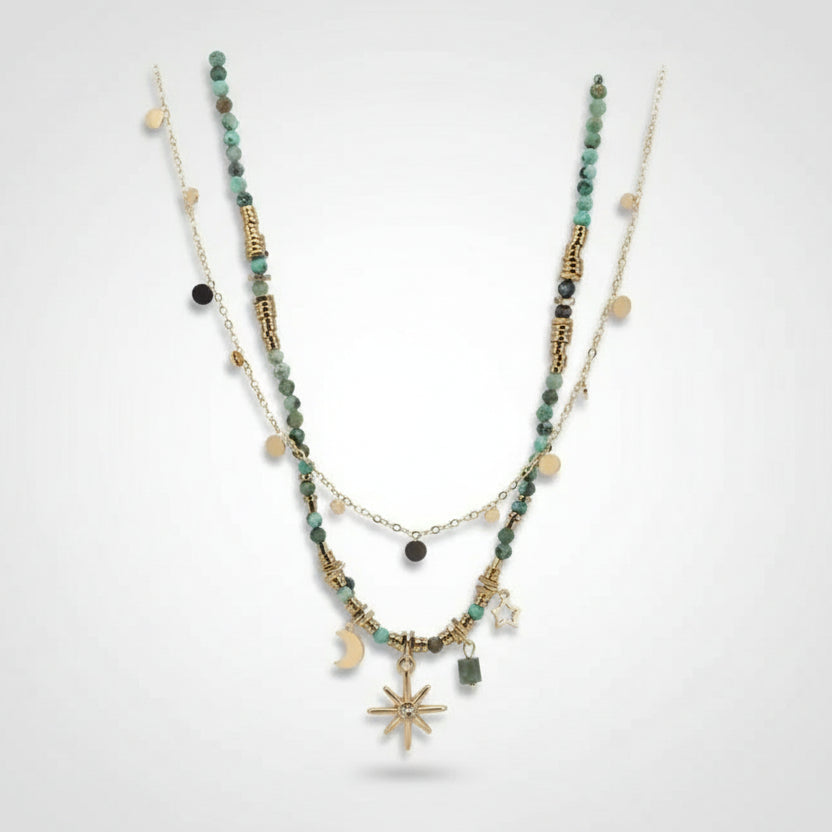 Boho sunflower necklace with layered beaded design & gold pendant. Vintage style, lightweight. Perfect for festival style & bohemian elegance.