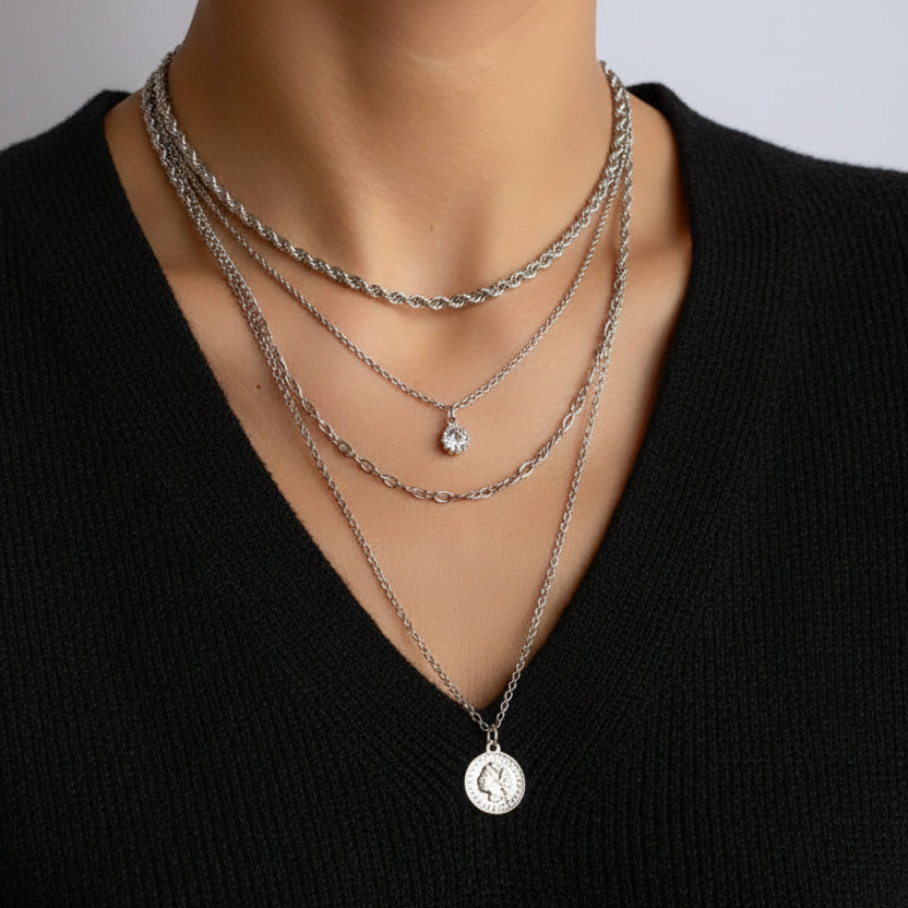 Elegant long layered chain necklace in gold or silver. Multi-strand design. Perfect for layering over sweaters & everyday elegance.