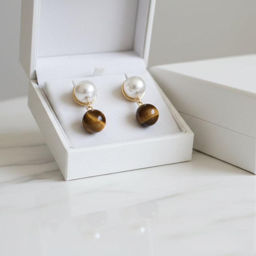 Elegant pearl drop earrings with brown stone accents. 8.5cm length, lightweight design. Perfect for office elegance & everyday sophistication.