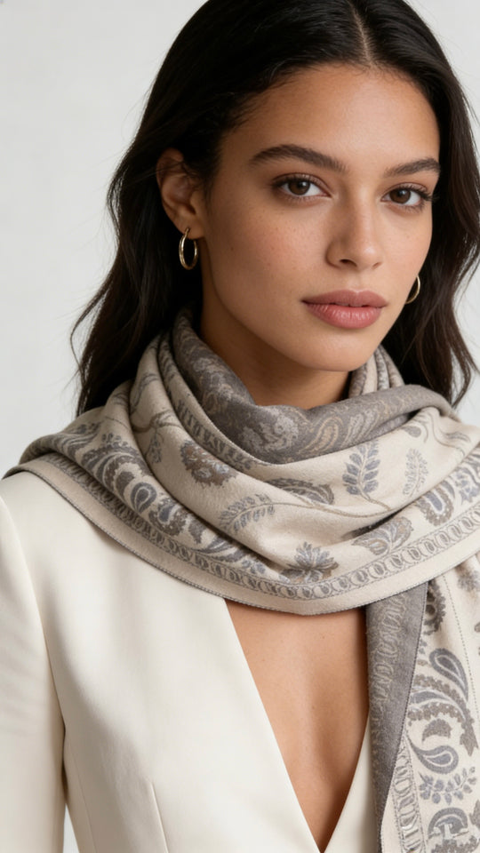 Luxurious 95% cashmere scarf with botanical jacquard pattern. Soft beige-grey floral shawl perfect for travel & formal wear. Versatile, timeless design.