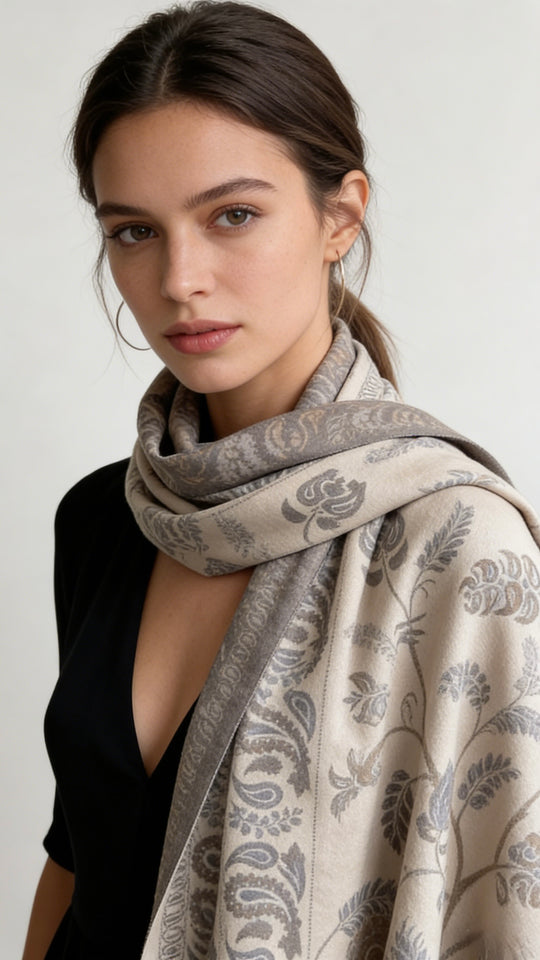 Luxurious 95% cashmere scarf with botanical jacquard pattern. Soft beige-grey floral shawl perfect for travel & formal wear. Versatile, timeless design.