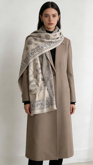 Luxurious 95% cashmere scarf with botanical jacquard pattern. Soft beige-grey floral shawl perfect for travel & formal wear. Versatile, timeless design.