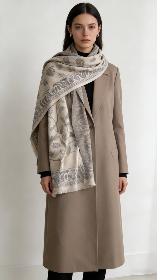 Luxurious 95% cashmere scarf with botanical jacquard pattern. Soft beige-grey floral shawl perfect for travel & formal wear. Versatile, timeless design.