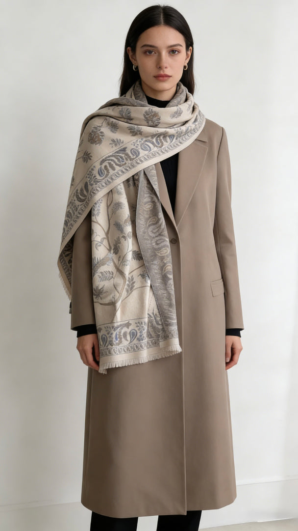 Luxurious 95% cashmere scarf with botanical jacquard pattern. Soft beige-grey floral shawl perfect for travel & formal wear. Versatile, timeless design.
