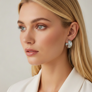 Modern textured wave hoop earrings in gold or silver. Lightweight sculptural design. Perfect for everyday elegance & office style.