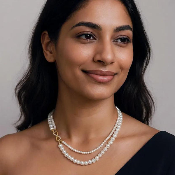 Elegant dual-strand pearl necklace with gold infinity clasp. Wear together or separately. Versatile layered design perfect for everyday elegance & special occasions.
