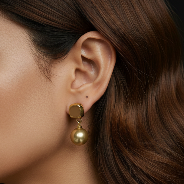 Elegant champagne gold drop earrings with faux pearl. Lightweight, versatile design. Perfect for everyday elegance & special occasions.
